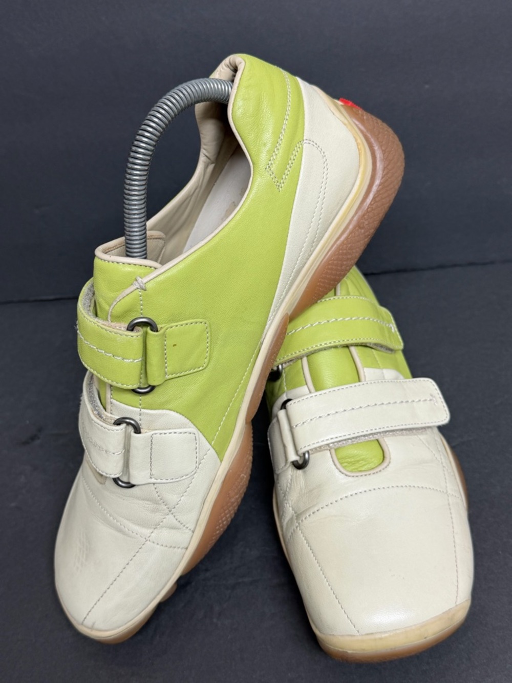 PRADA Sneakers 2 Straps AMERICAS CUP ORIGINAL Lime Tan Leather Size 8 EU 41 RARE - Picture 3 of 10